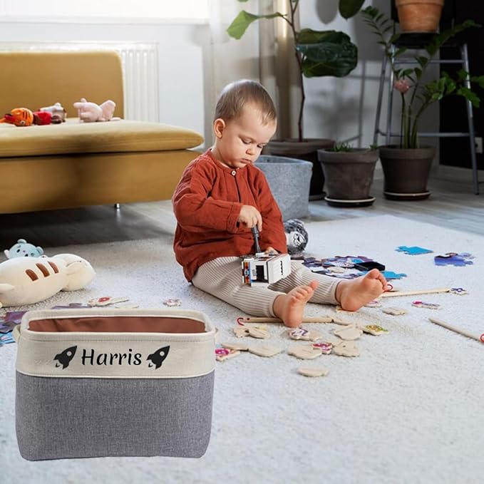 Generic Personalized Kids' Storage Box - Brown, Customizable, Soft & Durable Cotton & Linen, Foldable, 14x9x1 inches-Ruum Studio Home