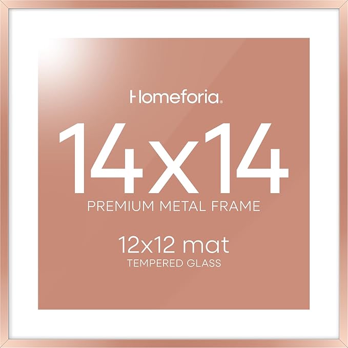 Homeforia 14x14 Picture Frame Rose Gold, High End Metal 14 x 14 Square Poster Frame with Mat 12 x 12 Photo, 14x14 Frame Matted to 12x12 Print, 14by14 Hanging Frames, Tempered Glass, Wall Kit, Set of 1-Ruum Studio Home