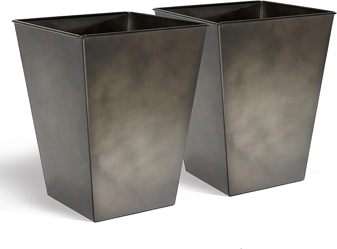 KOL 18''H. Bright Glazed Planter with Drainage Hole, Set of 2, Galvanized Steel Planter Pots for Indoor & Outdoor Use, Decorative Flower Plant Pots for Front Porch, Patio, Deck - Black-Ruum Studio Home