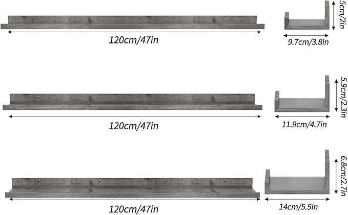 Giftgarden 47 Inch Gray Floating Shelves for Wall Mount, Grey Wood Wall Shelf Ledge for Bathroom Bedroom Living Room Kitchen Storage, Set of 3 Different Sizes-Ruum Studio Home