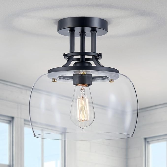 WUZUPS Chandelier Rustic Farmhouse Industrial Round Semi-flushmount Ceiling LED Light Fixture with Clear Glass Shades for Bathroom Kitchen Foyer Entryway, H 10" x W 10", E26 Base, Black-Ruum Studio Home