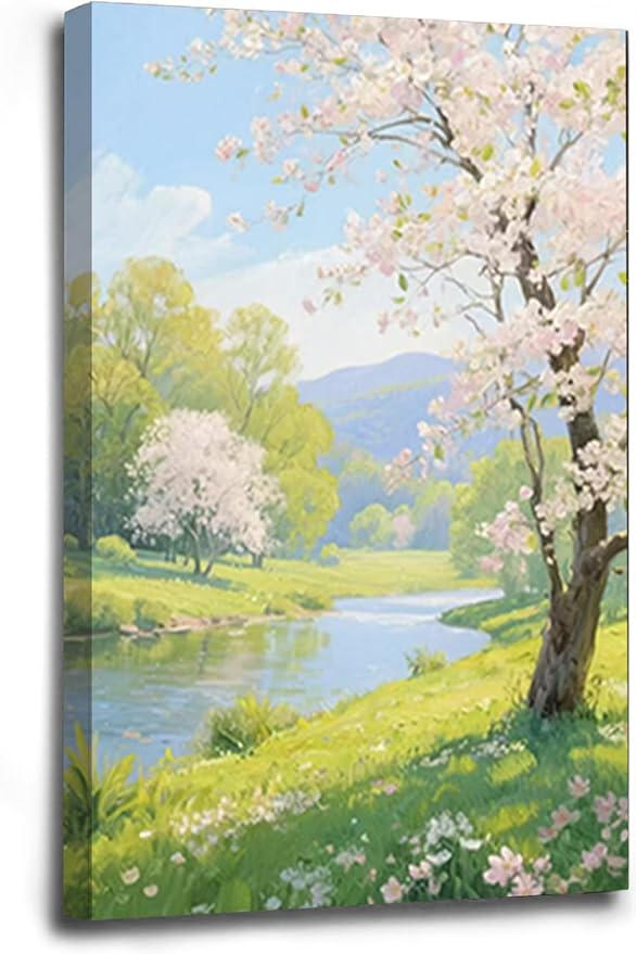 The scenery of a stream between trees and cherry blossoms under the blue sky is suitable for posting in the living room bedroom office landscape posters-Ruum Studio Home