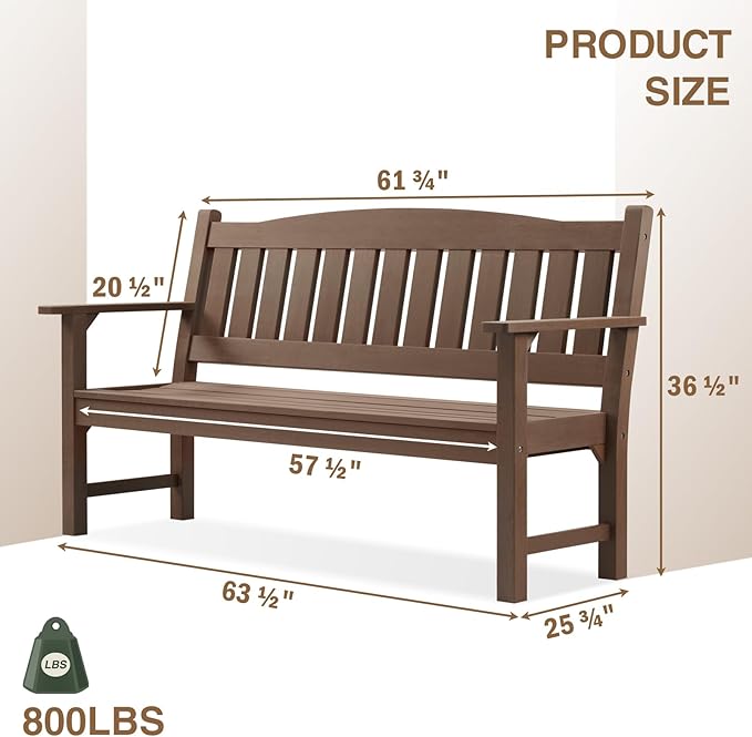 Psilvam 3-Person Outdoor Memorial Bench, All-Weather Poly Lumber Garden Bench, Rot-Resistant Outdoor Patio Bench for Park,Porch,and Church(Brown)-Ruum Studio Home