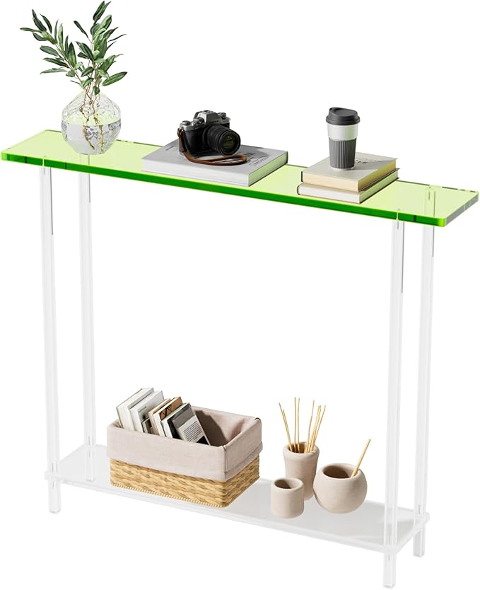 Sleek Modern 2-Tier Acrylic Console Table, 39.4" L x 7.6" W x 31.5" H - Entryway Table for Hallway, Living Room, Sofa Side, Small Spaces (Green)-Ruum Studio Home