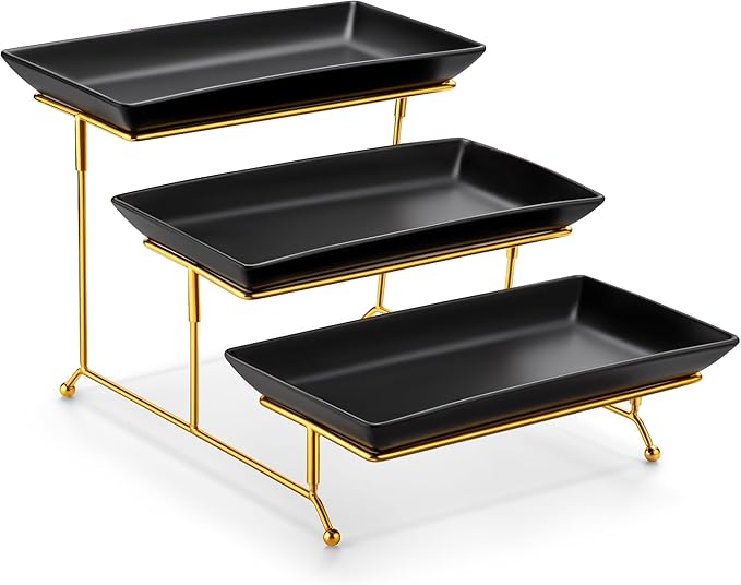 MALACASA 3 Tier Serving Trays for Party, 12 Inch Porcelain Black Trays for Serving Food, Dessert Stand with Collapsible Gold Metal Rack-Ruum Studio Home
