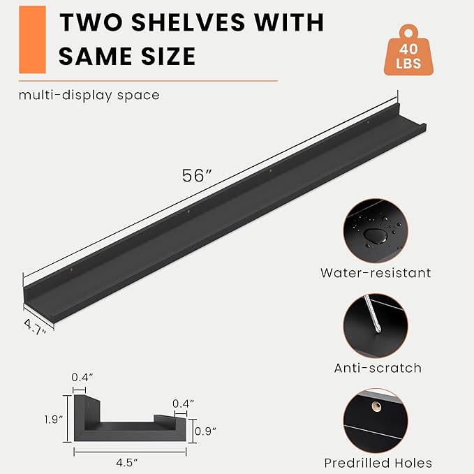 Heimlove Picture Ledge Shelf, Floating Shelves Set of 2, 56 Inches Picture Shelf for Wall with Ledge, Kids Bookshelf Wall Mounted for Living Room Bedroom Decor Books Photo Frames, Black-Ruum Studio Home