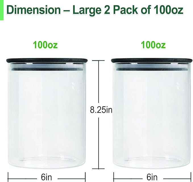 Urban Green Glass Jars with Black Lids, Glass Food Storage Canister with black lids, Pantry Flour Jars, Large Size Food Storage Containers set (2 Sets of 100oz)-Ruum Studio Home