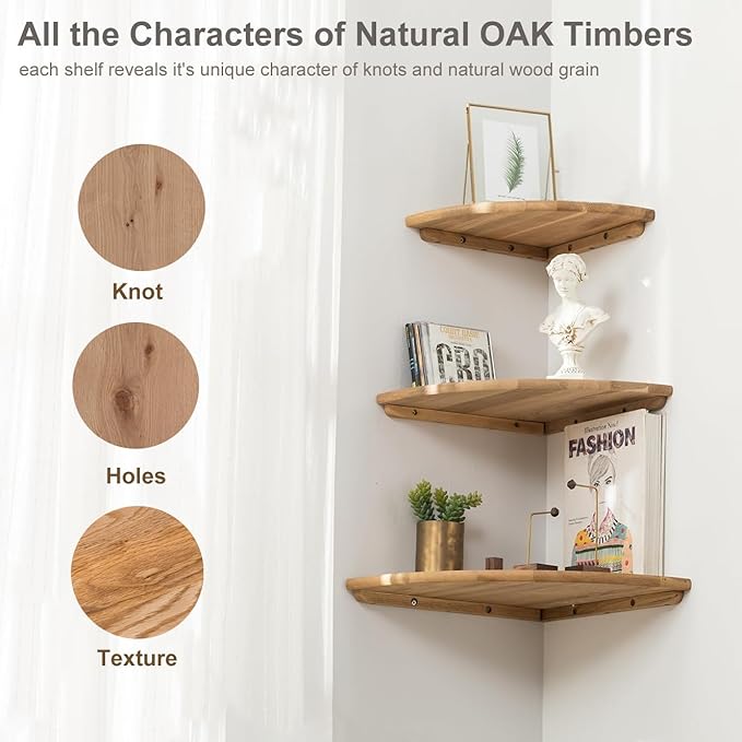 Corner Shelves, Floating Corner Shelf, Set of 3 Solid Oak Wood Corner Wall Shelves, Round End with Wire Hole Shelving for Small Plant for Bedroom Kitchen, Living Room (Size 9/10/12in)-Ruum Studio Home