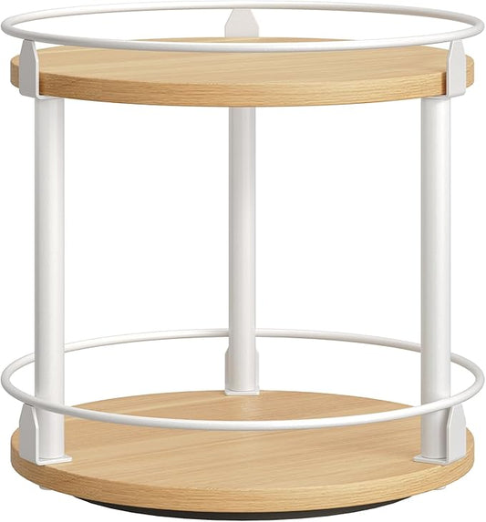 Lazy Susan Organizer, Rotating Spice Rack, 2 Tier Spice Turntable Organizer, Industrial Turntable Spice Holder, for Kitchen Countertop, Compact and Versatile, White and Natural SR22WN-Ruum Studio Home