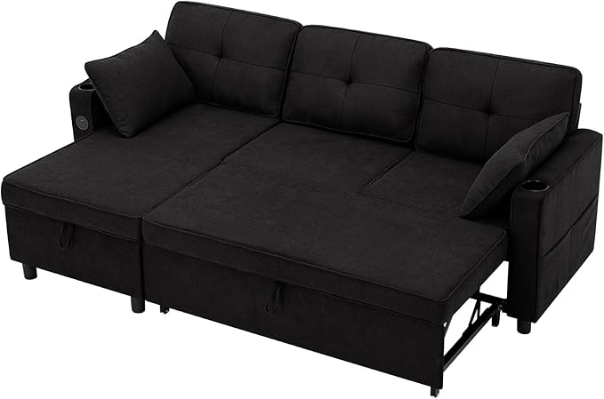 84 Inches Fabric Sectional Sofa w/Pull Out Sofa Bed & Adjustable Back, Tufted L Shaped Couch w/Storage Chaise, Sleeper Sectional Sofa w/USB Port & Cup Holders for Living Room, Black-Ruum Studio Home