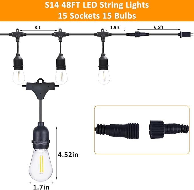 48Ft LED Outdoor String Lights with Dimmer, 15 Edison Bulbs Waterproof Patio String Lights with 4 Brightness Modes Remote Control (Included), Porch Backyard Bistro Decoration-Ruum Studio Home
