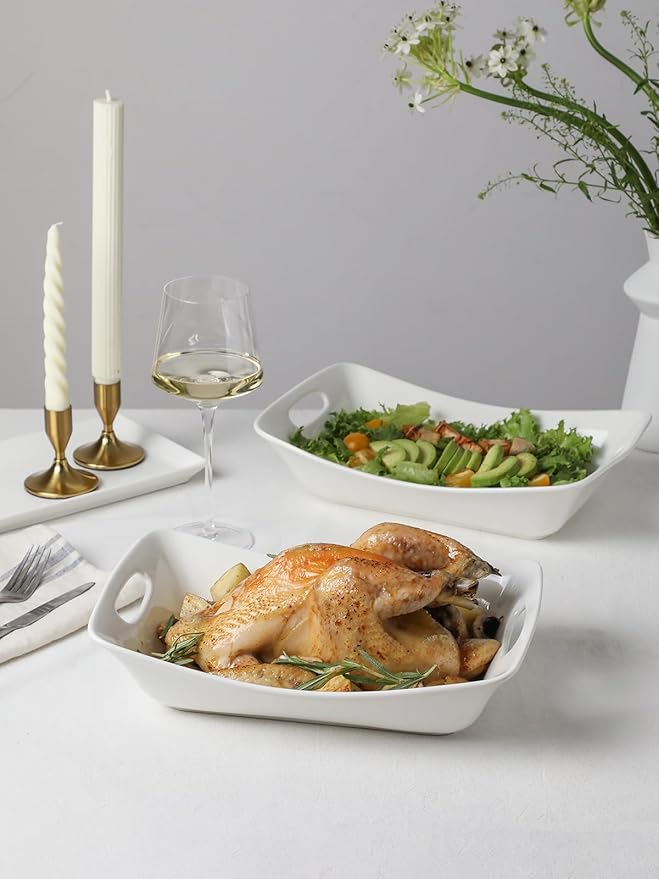 Kanwone Large Serving Bowls with Handles, White Serving Dishes For Entertaining, 1.8 Quarts Porcelain Bowl Set for Turkey, Fruit, Salad, Rectangle Serving Platter for Parites, Thanksgiving, Set of 2-Ruum Studio Home