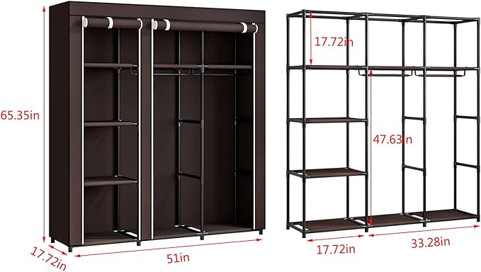 SORCEDAS Portable Wardrobe Closet Storage Organizer Metal Hanging Rack Non-Woven Fabric (Coffee, 51 Inch)-Ruum Studio Home