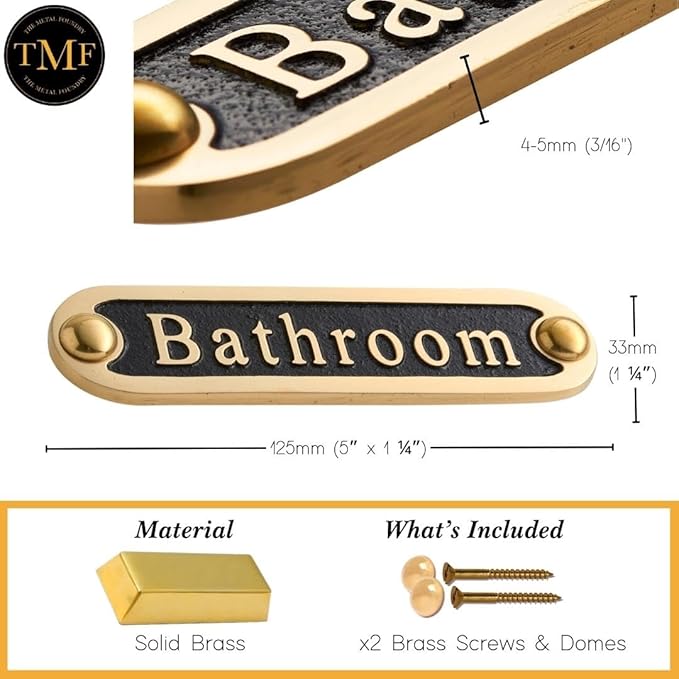 Bathroom Brass Door Sign. Traditional Style Home Décor Wall Plaque Handmade By The Metal Foundry UK.-Ruum Studio Home