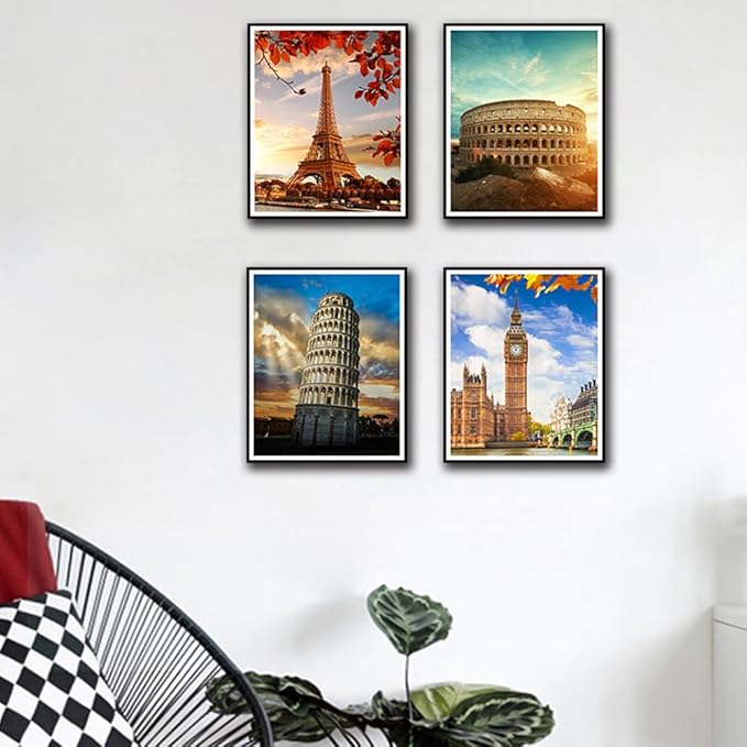 Boho Wall Art Decor, London, Tower of Pisa, Paris, Eiffel Tower,Roman Colosseum,City Wall Decor Art ,Modern Landscape Wall Art for Living Room Bedroom Prints Poster ,8x10 Inch Set of 4,Unframed-Ruum Studio Home