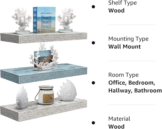 Sorbus Floating Shelves - 3 Pack 16 Inch Rustic & Blue Wall Shelves for Bedroom, Kitchen, Living Room, Bathroom Shelves, Home Decor, Office - Floating Shelf for Trophy, Books, Frames-Ruum Studio Home
