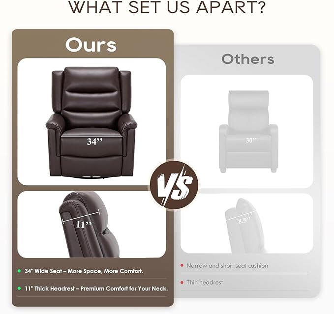 COLAMY Oversized Leather Recliner Chair, 360°Swivel Rocking Manual Recliner with Thick Cushioned Padding Backrest and Wide Seat - Darkbrown-Ruum Studio Home