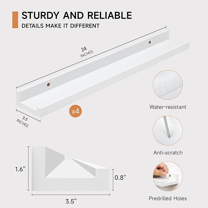 Picture Ledge Shelf for Wall, Floating Shelves Set of 4, 24 Inch Long Nursery Book Shelves for Toys Storage, Kids Bookshelf Wall Mounted for Books Photo Frames, White-Ruum Studio Home