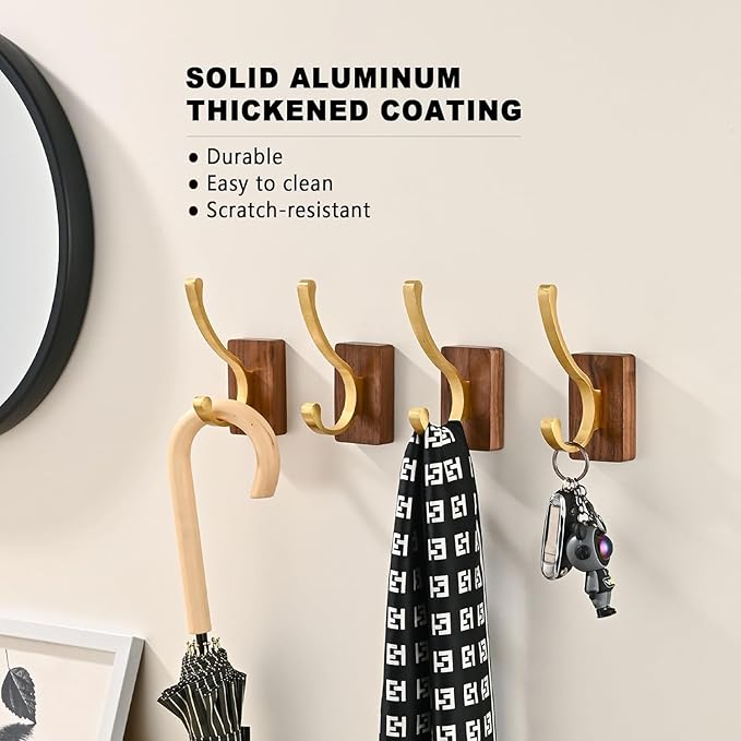 2 Pack Wooden Wall Hooks for Hanging, Adhesive Mounted Wall Mounted Boho Decorative Nature Wood Coat Hook for Towel Clothes Blanket Hat Backpack Robe Nursery Door Board Entryway Key Holder Gold-Ruum Studio Home