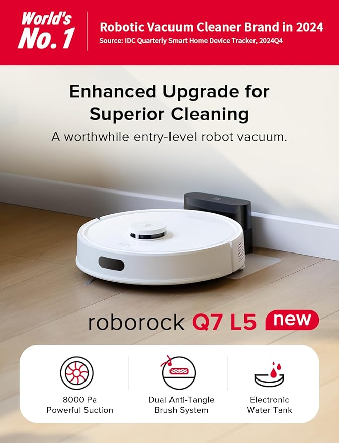 roborock Q7 L5 Robot Vacuum and Mop Combo, 8,000Pa Suction, Upgraded from Q5 Pro, Dual Anti-Tangle System, LiDAR Navigation, No-Go Zones, Self-Charging Robotic Vacuum Cleaner, White-Ruum Studio Home