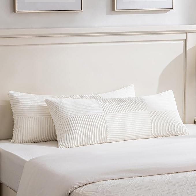 Fancy Homi Set of 2 Cream White Boho Long Lumbar Body Decorative Throw Pillow Cover 14x36 Inch for Bed Couch Bedroom Bench, Soft Patchwork Corduroy Textured Pillow Case, Rustic Farmhouse Room Décor-Ruum Studio Home