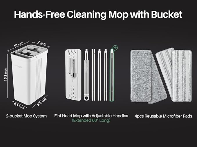 JOYMOOP Mop and Bucket Set with Wringer, Flat Mops for Floor Cleaning, Wall Mop Cleaner with Long Handle, Hardwood Floor Mop with 4 Microfiber Pads-Ruum Studio Home