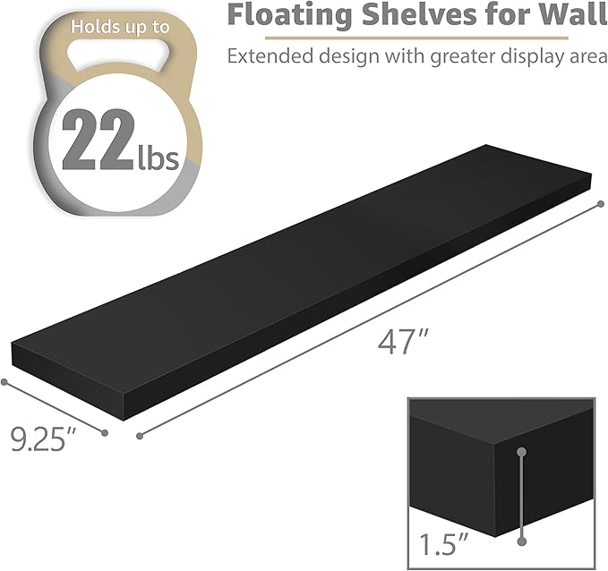 Sorbus Floating Shelves for Wall - 48 Inch Long Bathroom Shelves, Wall Decor for Bedroom, Kitchen, Living Room & Book Storage - Mounted Floating Shelf with Invisible Brackets (Black, 3 Pack)-Ruum Studio Home
