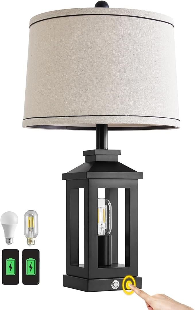 23.75" Retro Farmhouse Black Table Lamp for Living Room Bedroom Nightstand Single Pack Touch Control Bedside Nightlight Vintage Modern Lamp with USB C+A Ports and 2 Light Sources-Ruum Studio Home