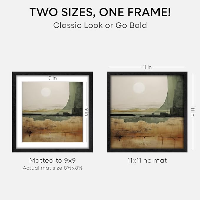 Homeforia 11x11 Black Wood Frame, High-End Oak 11 x 11 Square Picture Frames with Mat 9 by 9 inch Photo, 11by11 Wooden Frame Matted to 9x9 Art, Wall Hanging Frames, Tempered Glass, Wall Kit, Set of 1-Ruum Studio Home
