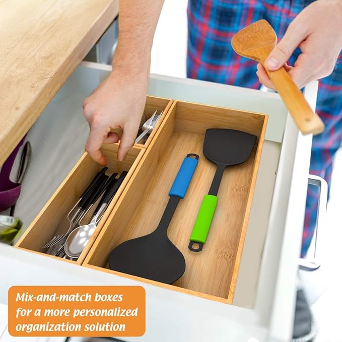 Bamboo Drawer Organizer Utensil Holder for Kitchen, Small Wood Silverware Storage Organizer, Stackable Box Tray for Cutlery, Flatware, Bathroom Caddy for Makeup, Perfume, Jewelry, 6x3x2.5 Inch-Ruum Studio Home