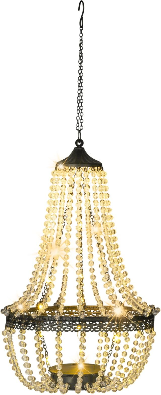 Hanging Solar Chandelier Outdoor, 30 Warm White Lights Acrylic Clear Beaded Chandelier with S Hooks Modern Lantern for Garden Yard Patio Gazebo Decorations, 28”H-Ruum Studio Home