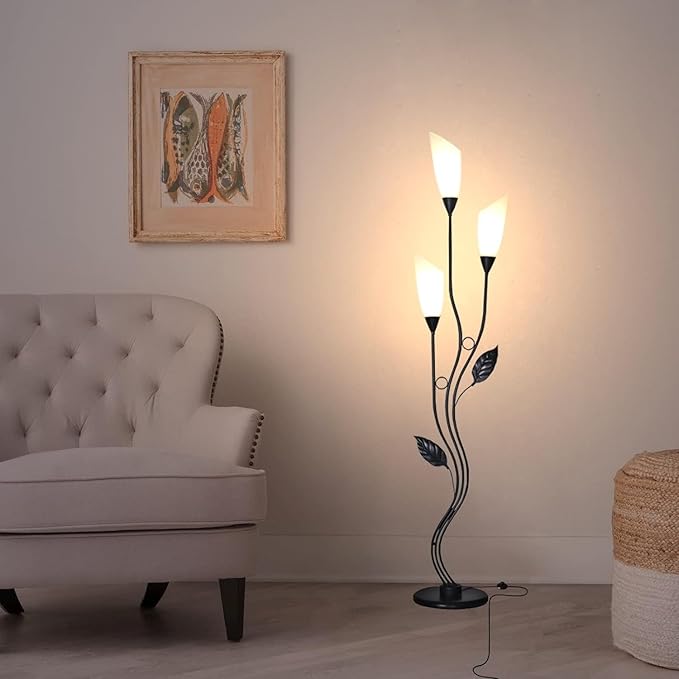JBZ Flower Floor Lamp for Living Room, 62" Tall Pole Lamp with Foot Switch, with 3 Heads Dimmable LED Lamps for Farmhouse Rustic Bedroom Office, with Plug and 1200LM, 3 Color Temperatures E27-Ruum Studio Home