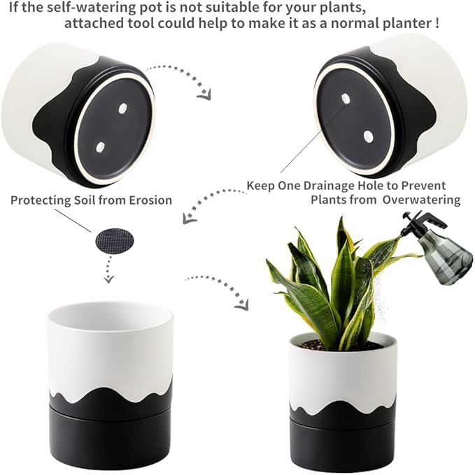 Nihow Self Watering Plant Pot: 6 Inch Ceramic Planter with Drainage Hole & Water Storage Plus for Indoor & Outdoor Plants - Cylinder Round Flower Pot for Succulent/Herbs/Violets - White & Wave Black-Ruum Studio Home