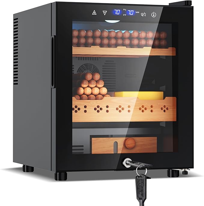 Tylza Electric Cigar Humidor Cabinet 50L, Electric Humidors for Cigars with Temp & Humidity Control, Digital Hygrometer, Lock, Refrigerator, Cigar Humidors with Cedar Wood Drawer Shelves, 370 Cigars-Ruum Studio Home