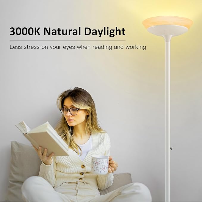 BoostArea Torchiere Floor Lamp, 24W Super Bright LED Standing Lamp, Stepless Dimmable Pole Lamp with 3000K Lighting, Glass Lampshade, 71Inch Tall Metal Modern Floor lamps for Living Room/Bedroom White-Ruum Studio Home
