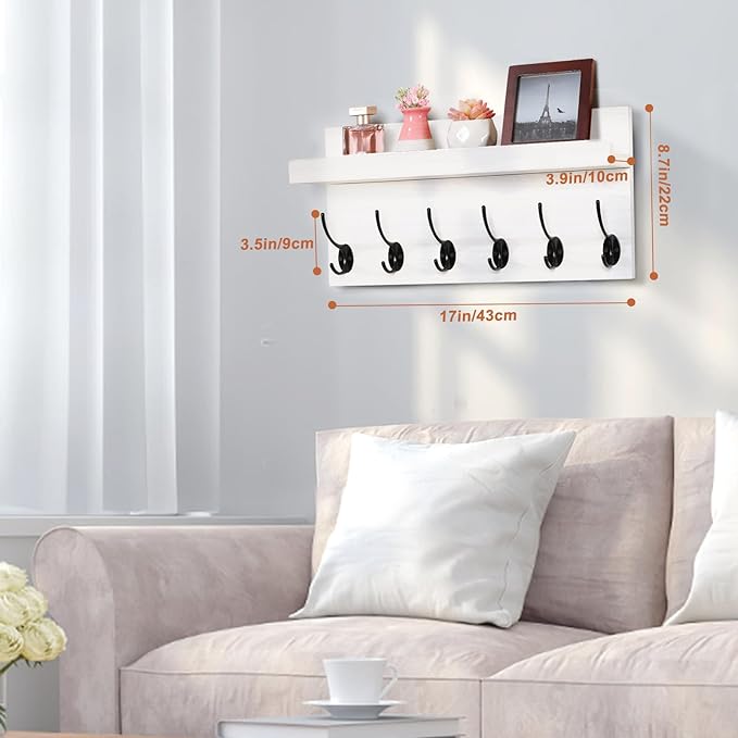Shelf with Hooks, Coat Rack Wall Mount with 6 Double Metal Hooks, 17 Inch Farmhouse Wall Hooks with Shelf for Entryway, Bathroom, Kitchen, White-Ruum Studio Home