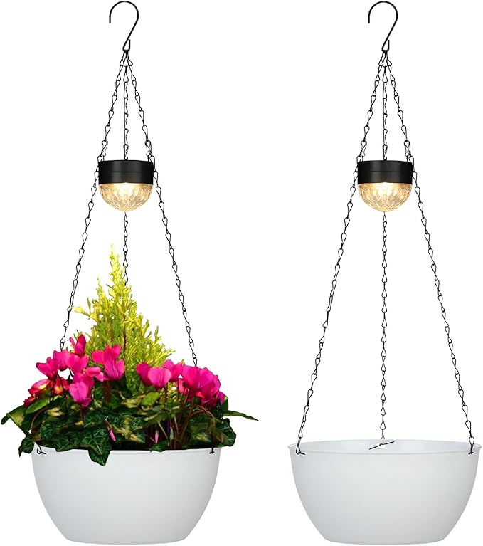 2 Packs Solar Hanging Basket Planters for Plants Outdoor, Self Watering White Flower Plants Pots with Solar Light Drainer for Balcony Patio Garden Outdoor Decoration-Ruum Studio Home
