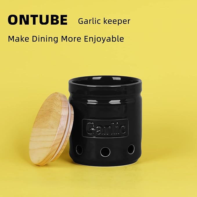 ONTUBE Large Garlic Keeper with Wooden Lid, Ceramic Garlic Holder Storage, Garlic Container for Kitchen, Garlic Saver to Keep Your Garlic Cloves Fresh Longer 4.5-Inch, Black-Ruum Studio Home