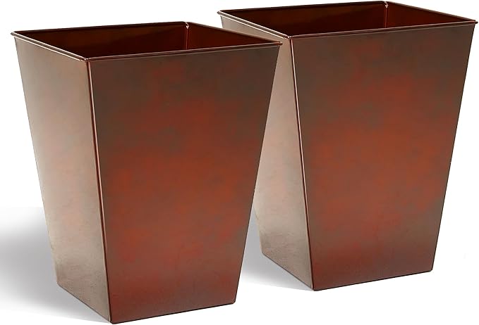 KOL 18''H. Bright Glazed Planter with Drainage Hole, Set of 2, Galvanized Steel Planter Pots for Indoor & Outdoor Use, Decorative Flower Plant Pots for Front Porch, Patio, Deck - Reddish Brown-Ruum Studio Home