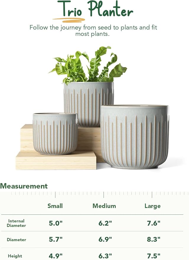 LE TAUCI Fluted Ceramic Planters Set of 3 – 8.3/7 / 5.7 in Star White Reactive Cylinder Indoor Plant Pots with Drainage Plug & Mesh, Glossy Stoneware Flower Pots for Succulents Herbs-Ruum Studio Home