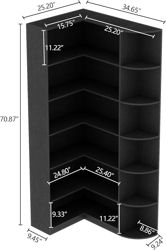 Loomie Black Book Shelf, 6 Tiers Shelf Large Tall Corner Etagere Bookcase with Full Baffle, L-Shaped Modern Storage Display Industrial Bookshelves for Bedroom, Home Office, Living Room & Kitchen,Black-Ruum Studio Home