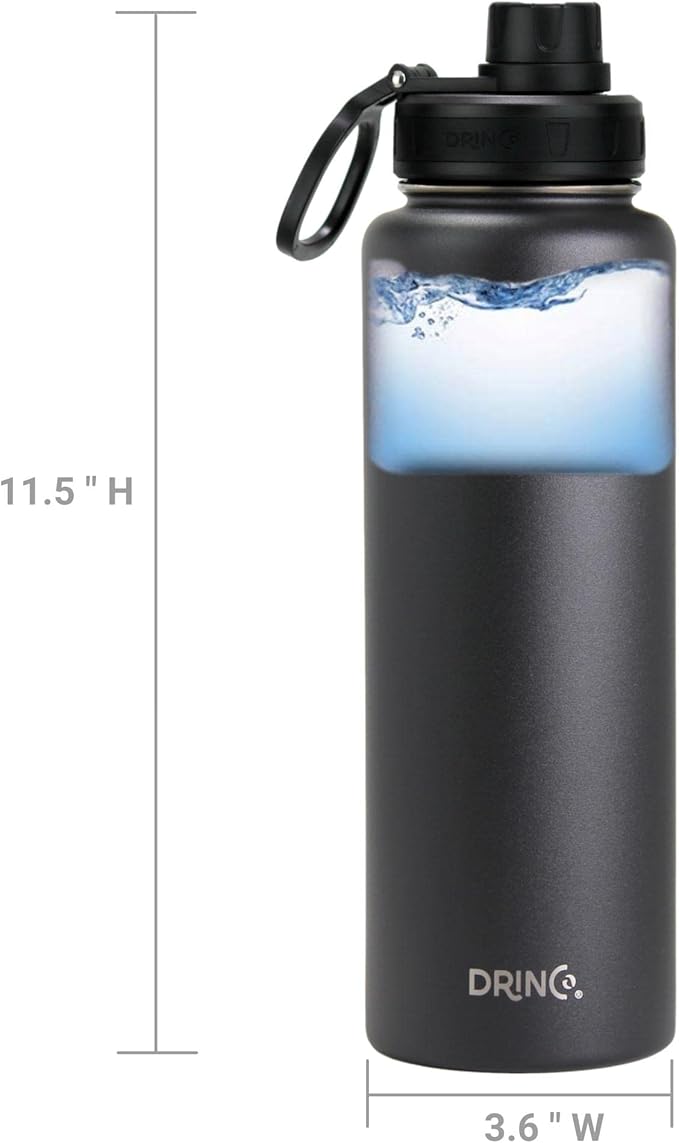 DRINCO Stainless Steel Water Bottle Spout Lid Vacuum Insulated Double Wall Water Bottles Wide Mouth (40oz 32oz 22oz 18oz 14oz) Leak Proof Keeps Cold or Hot (40 oz, 40oz Black)-Ruum Studio Home