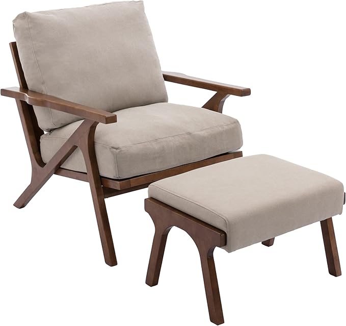 Mid Century Modern Accent Chair with Ottoman, Farmhouse Linen Upholstered Living Room Armchair and Ottoman Set, 23" Seat Wide Retro Leisure Lounge Chair with Wood Frame for Home, Bedroom, Beige-Ruum Studio Home