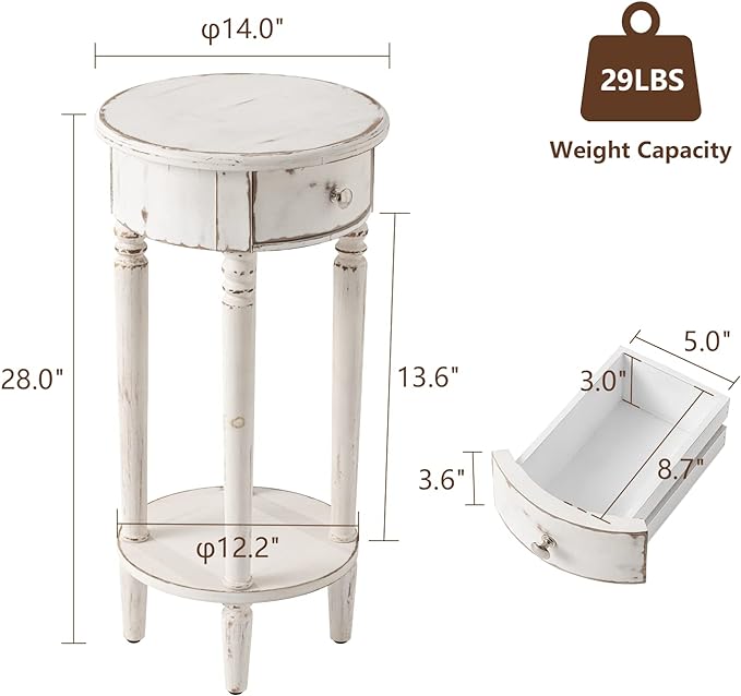 COSIEST Tall End Table with Drawer, Round Nightstand with Storage Shelf, Industrial Telephone End Table for Living Room, Bedroom, Hall Way, Space Saving Beige-Ruum Studio Home