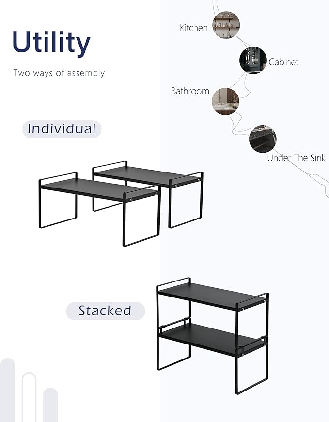 Nxconsu 2Pack Cabinet Shelves Stackable Shelf Organizer Rack Riser for Kitchen Cabinet Pantry Cupboard Counter Countertop Home Organization Storage Space Saver Heavy Duty Metal Nonslip Black Wide-Ruum Studio Home