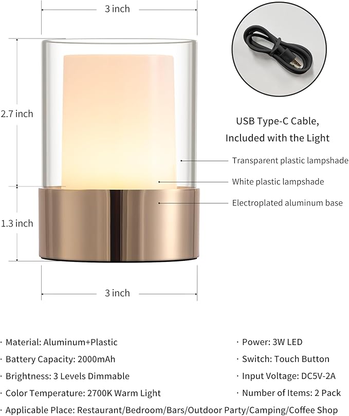 4" Mini Dining Table Light 2 Pack for Buffet Restaurant, Outdoor Waterproof Lamps for Bathroom Camping, Rechargeable Cordless Table Lamp for Bar, Touch Warm Night Light for Nursery Baby (Gold)-Ruum Studio Home