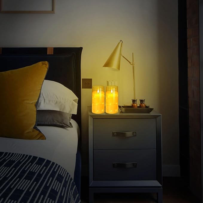 NURADA 3"x6"Flickering Flameless Candles: Built-in Star String Lights Acrylic Battery Operated LED Pillar Candles with Remote and Timer for Romantic Mood Home Decoration - 2 Pack Gold-Ruum Studio Home