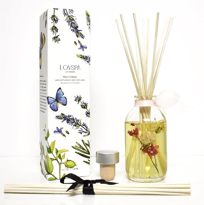 LOVSPA Reed Diffuser Set, Wild Flowers Scented Oil Diffuser with Sticks, Home Fragrance Accessories for Bathroom Shelf Decor, Aroma Diffusers for Home or Office Desk, USA Made-Ruum Studio Home