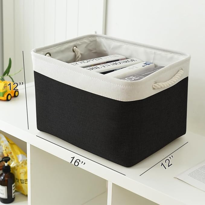 TheWarmHome Storage Basket for Gifts Empty - Large Cubes 3 Pack 15.8x11.8x11.8 inch Storage Bins for Organizing Book Cloth Bathroom Toy (White & Black)-Ruum Studio Home