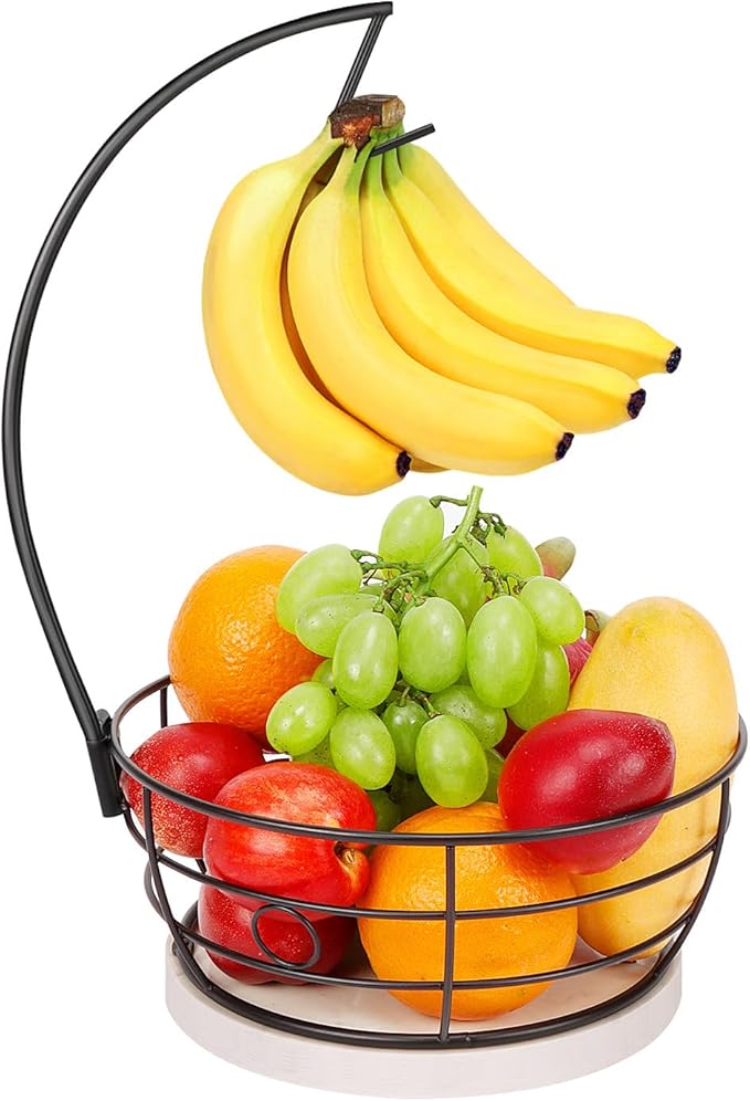 Livabber Countertop Fruit Basket Bowl with Banana Hanger, Modern Standing Fruit Vegetable Bowl Storage, with Banana Tree Holder for Kitchen Dinning Table (Round Marble, Black)-Ruum Studio Home